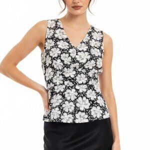 Covington Black White Floral V-Neck Shell Top Smocked Waist 90s Vintage Size 6